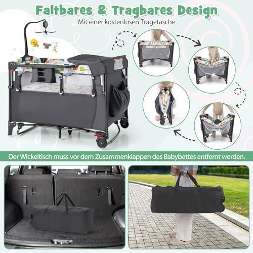 DREAMADE 5-in-1 Baby Travel Cot, 120 x 60 cm, Side Bed with Mattress & Changing Table, Music Box & Toy, Height-Adjustable Baby Bed for Baby from Birth (Dark Grey)