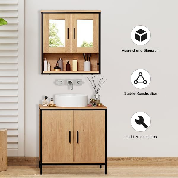 EUGAD Mirror Cabinet, Hanging Bathroom Cabinet with 2 Mirrors, Bathroom Mirror Cabinet with 3 Shelves, 2 Doors, Wall Cabinet for Bathroom, Made of Wood Material, Light Oak Black