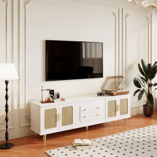 TV Cabinet with 3 Drawers, TV Table with Golden Handles and Legs, Modern TV Stand for TVs up to 75 Inches, Rounded Corners, TV Cabinet for Living Room, 174 x 35 x 41 cm, White