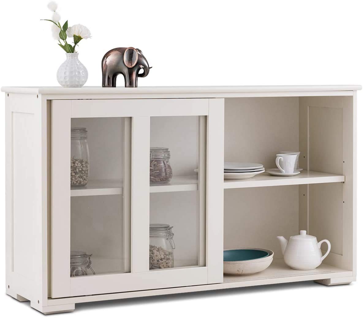 RELAX4LIFE Sideboard with 2 Sliding Glass Doors, Sideboard for Living Room, Hallway, Office and Kitchen, Hallway Cabinet with Height-Adjustable Shelf, Wooden Kitchen Cabinet (Cream)