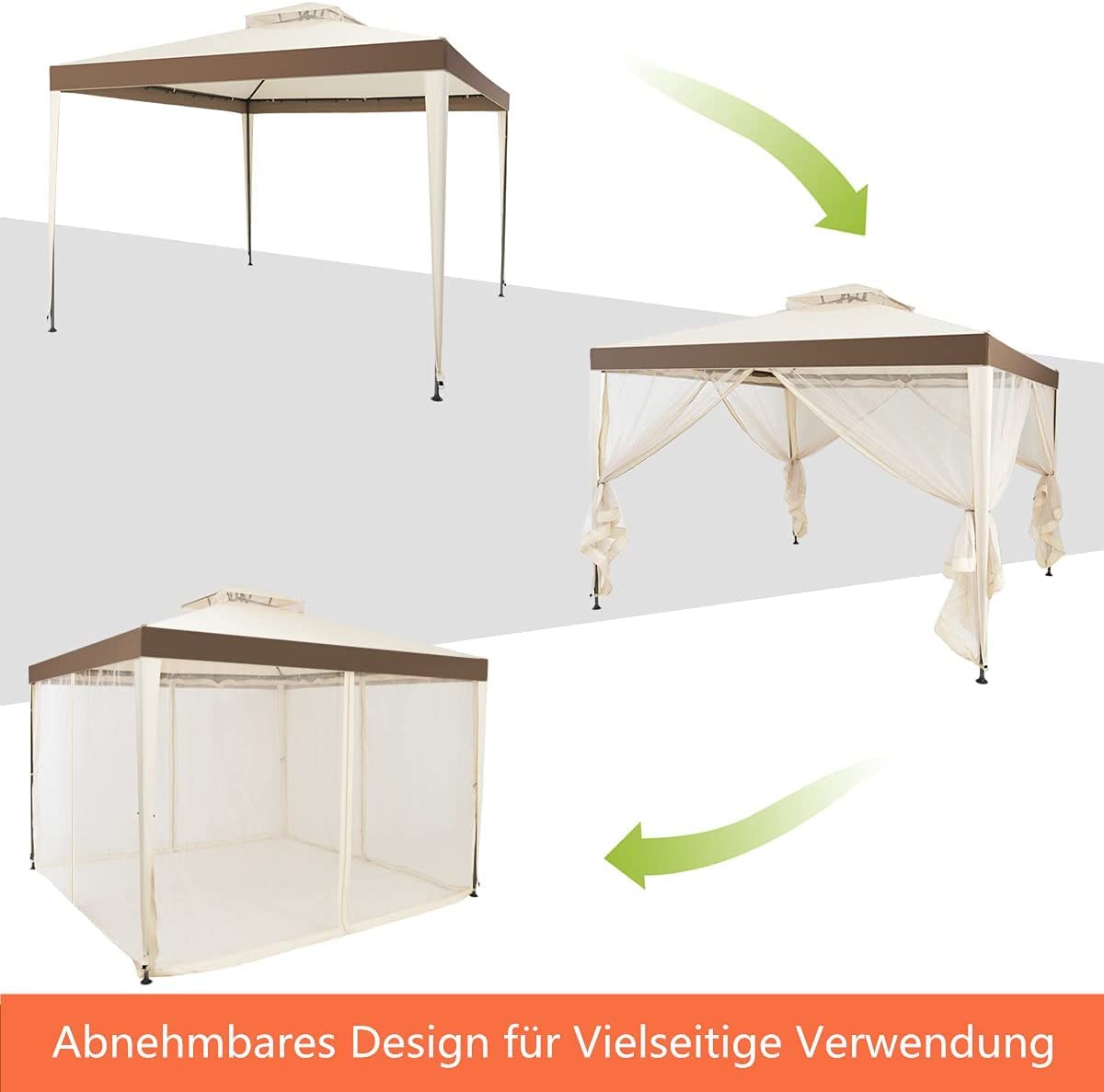 RELAX4LIFE 3 x 3 m Gazebo, Garden Gazebo with Iron Frame & Mosquito Net, Garden Tent with 4 Side Walls & Double Roof, Waterproof & Sunproof Party Tent for Party Camping (Brown)