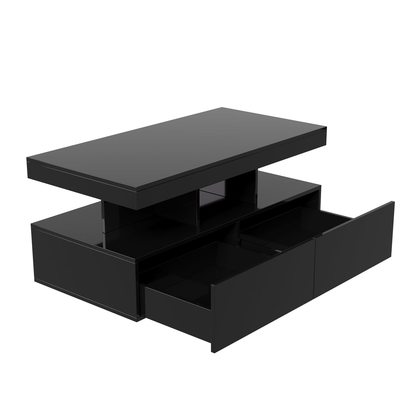 Coffee Table with LED Lighting, High Gloss Living Room Table with 2 Silent Drawers and Open Compartment, Elegant Side Table for Living Room and Office (White)