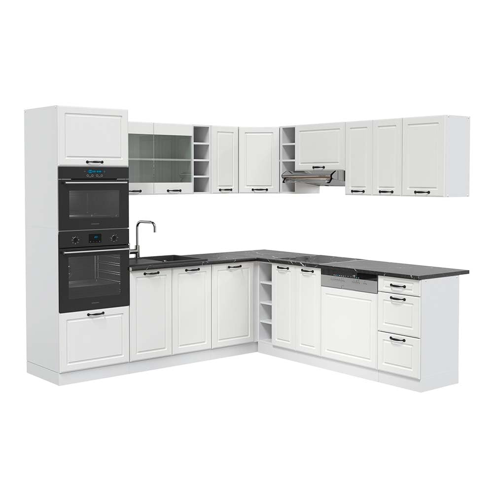 Vicco R-Line Fitted Kitchen Cabinets Country House Kitchen Furniture (White, Corner 247 x 237 cm)