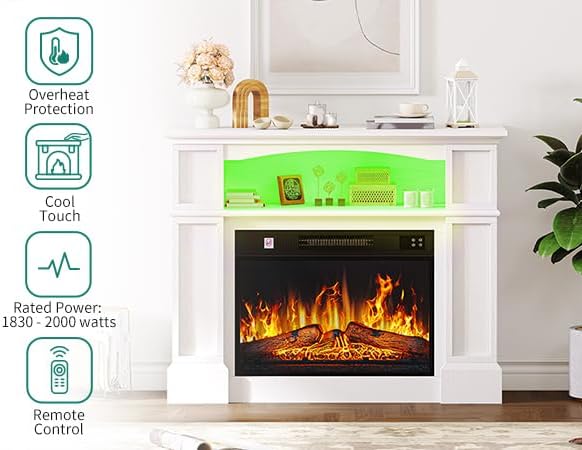 YITAHOME Electric Fireplace, 23 Inch Realistic 3D Flame Effect, Heat-Free Standing Electric Fireplace with Timer and 24-Colour LED Light Strip and Remote Control