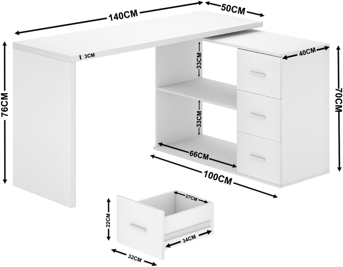 Mudmasa Schreibtisch Weiß Umkehrbarer Eckschreibtisch Computertisch Schreibtisch L Form mit Stauraum Bürotisch Eckschreibtisch mit 3 Schubladen und 2 Regalen für Büro Homeoffice 140x50x76 cm
