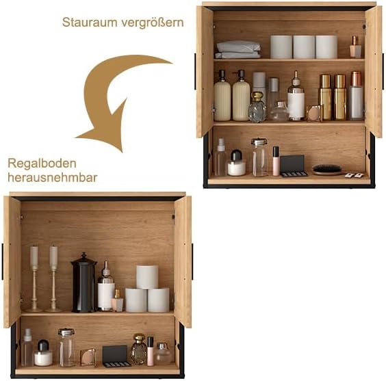 EUGAD Mirror Cabinet, Hanging Bathroom Cabinet with 2 Mirrors, Bathroom Mirror Cabinet with 3 Shelves, 2 Doors, Wall Cabinet for Bathroom, Made of Wood Material, Light Oak Black