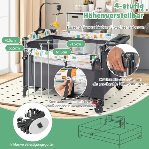 DREAMADE 5-in-1 Baby Travel Cot, 120 x 60 cm, Side Bed with Mattress & Changing Table, Music Box & Toy, Height-Adjustable Baby Bed for Baby from Birth (Dark Grey)