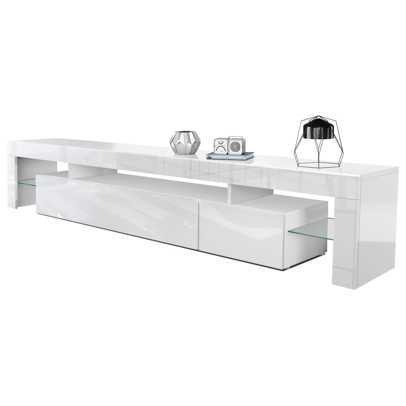 Vladon TV Stand Unit Lima V2, Carcass in White/Front in Black High Gloss