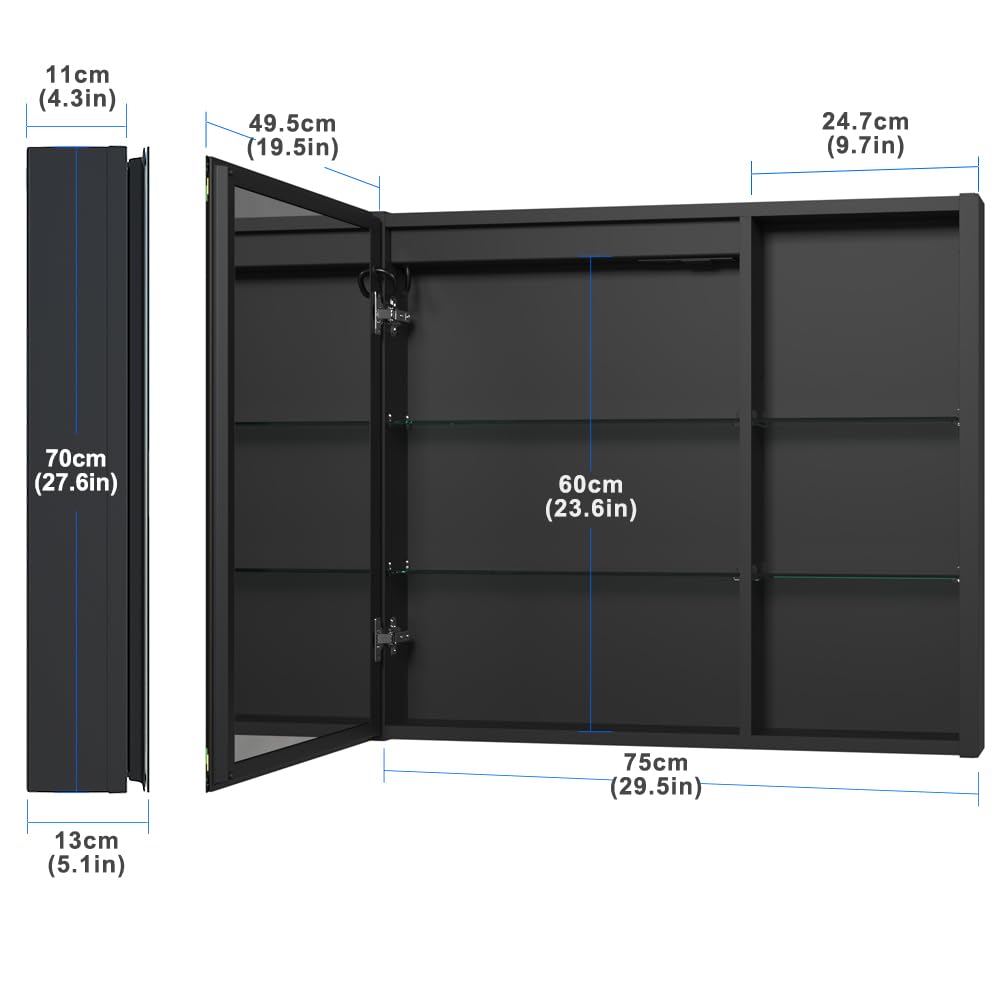 KWW LED Beleuchtetes Badezimmer Medizin Kabinett mit Spiegel, Farbtemperatur Einstellbar, Anti-Nebel Dimmbare Lichter, Steckdosen für USBs (75 x 70 cm)