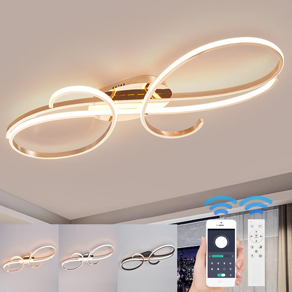 WSXEDC Moderne Kreative LED Deckenleuchte Dimmbare Metall Chrom für die Augenpflege Deckenlampe Mit Fernbedienung für Wohnzimmer Schlafzimmer Esszimmer Flure Gold 60cm