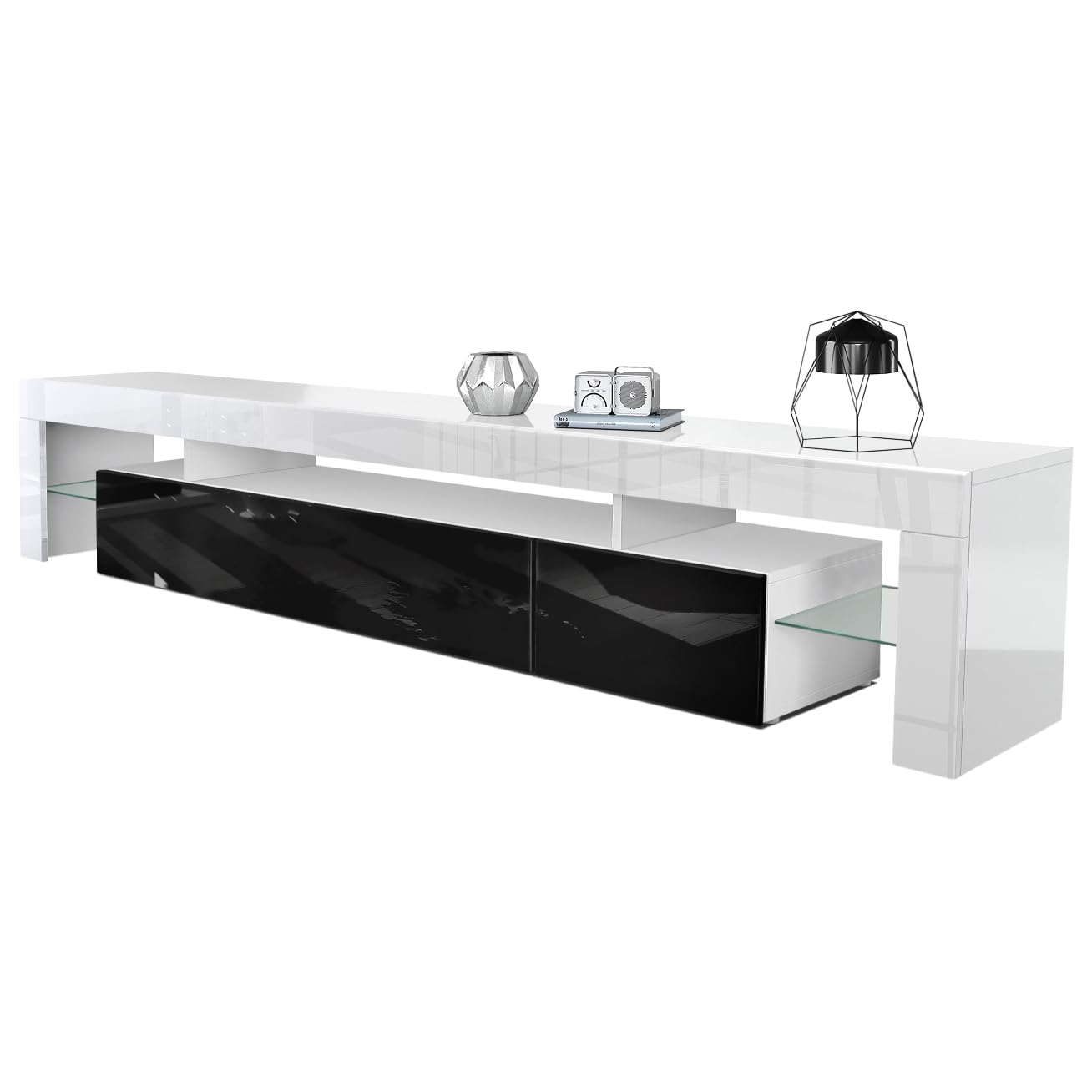 Vladon TV Stand Unit Lima V2, Carcass in White/Front in Black High Gloss