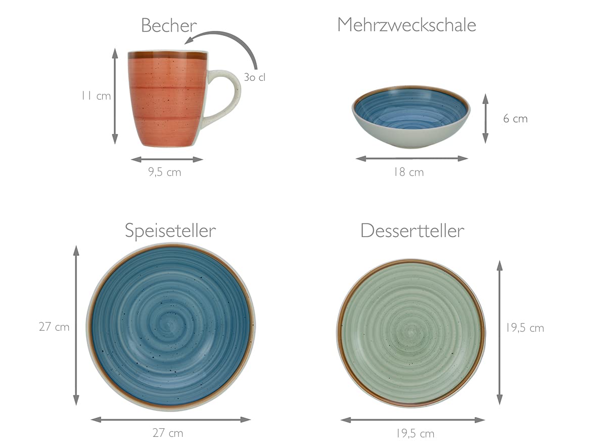 CreaTable, 22851 COUNTRY 24-Piece Crockery Set, Stoneware Crockery Set, Dishwasher and Microwave Safe, Quality Production