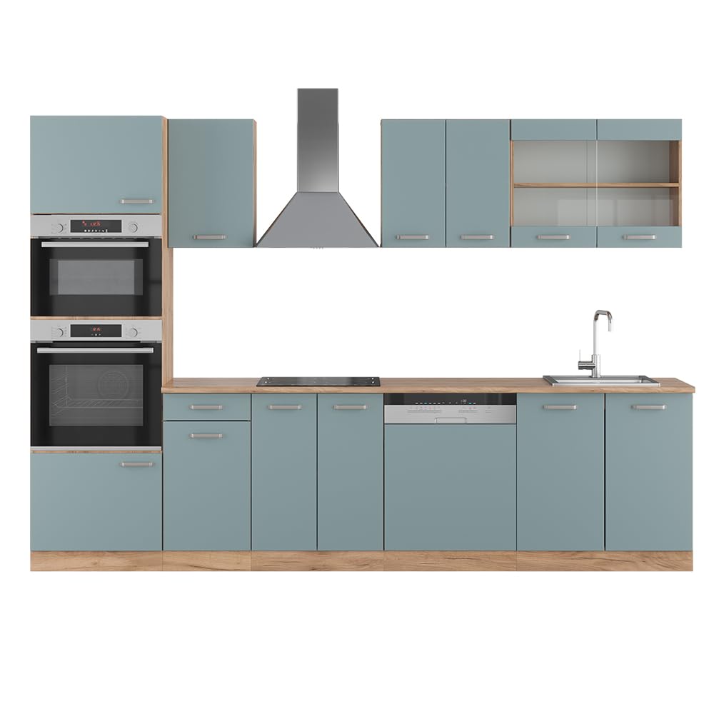 Vicco R-Line Kitchen Unit, High-Gloss Anthracite/Goldkraft Oak, 300 cm with Tall Cabinet, without Worktop