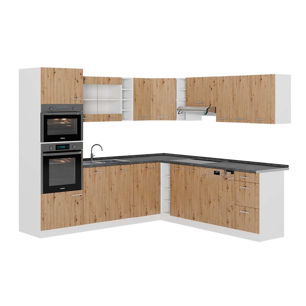 Vicco R-Line Fitted Kitchen Cabinets Country House Kitchen Furniture (White, Corner 247 x 237 cm)