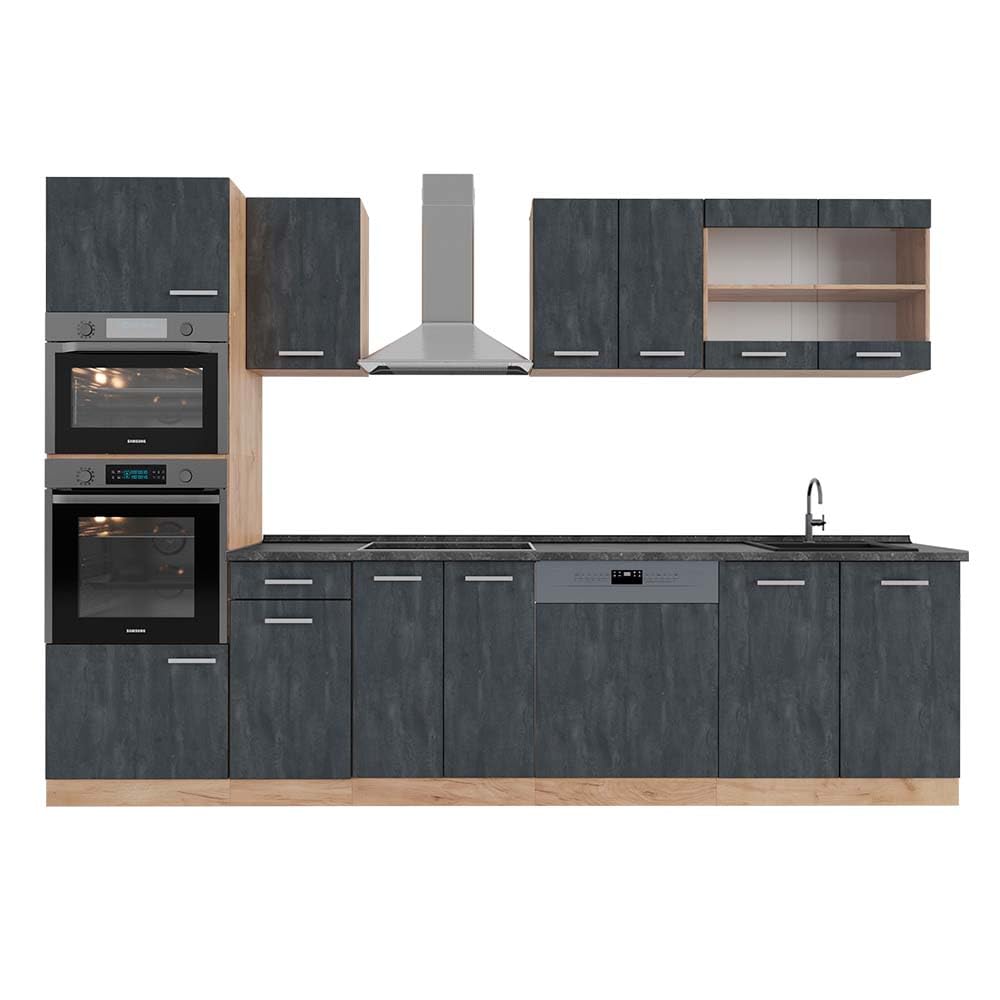 Vicco R-Line Kitchen Unit, High-Gloss Anthracite/Goldkraft Oak, 300 cm with Tall Cabinet, without Worktop