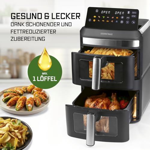 GOURMETmaxx Digitale Heißluftfritteuse 12 L, XXL-Edelstahl-Ofen | Airfryer + Timer, Touchdisplay, Drehspieß | fettarm, energiesparend frittieren | 10 Programme inkl. Pizza | 1800 W