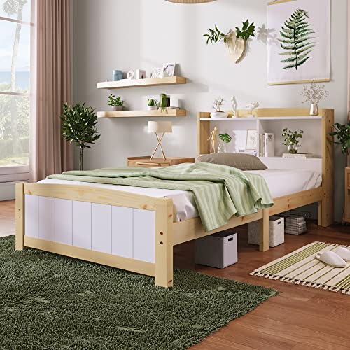 RIAZOS Kinderbett Holzbett 90x200 cm, Massiveholz Einzelbett mit Schreibtisch und Schubladen, Stauraumbett mit Lattenrost, für Jungen & Mädchen, ohne Matratze, Weiß