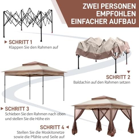 Bonnlo Folding Gazebo 3.3 x 3.3 m with 4 Mosquito Net Side Panels, Stable, UV-Resistant, Waterproof, Ventilated Double Roof, Height Adjustable Gazebo for Garden, Yard, Khaki