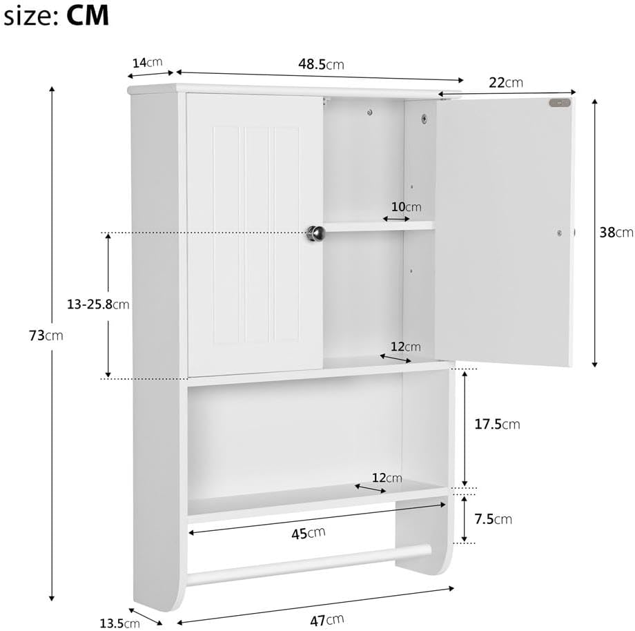 Yaheetech Wall Cupboard Bathroom Cabinet Kitchen Cabinet Shelf Storage with Door and Shelf White LH: 48.5 x 14 x 73 cm