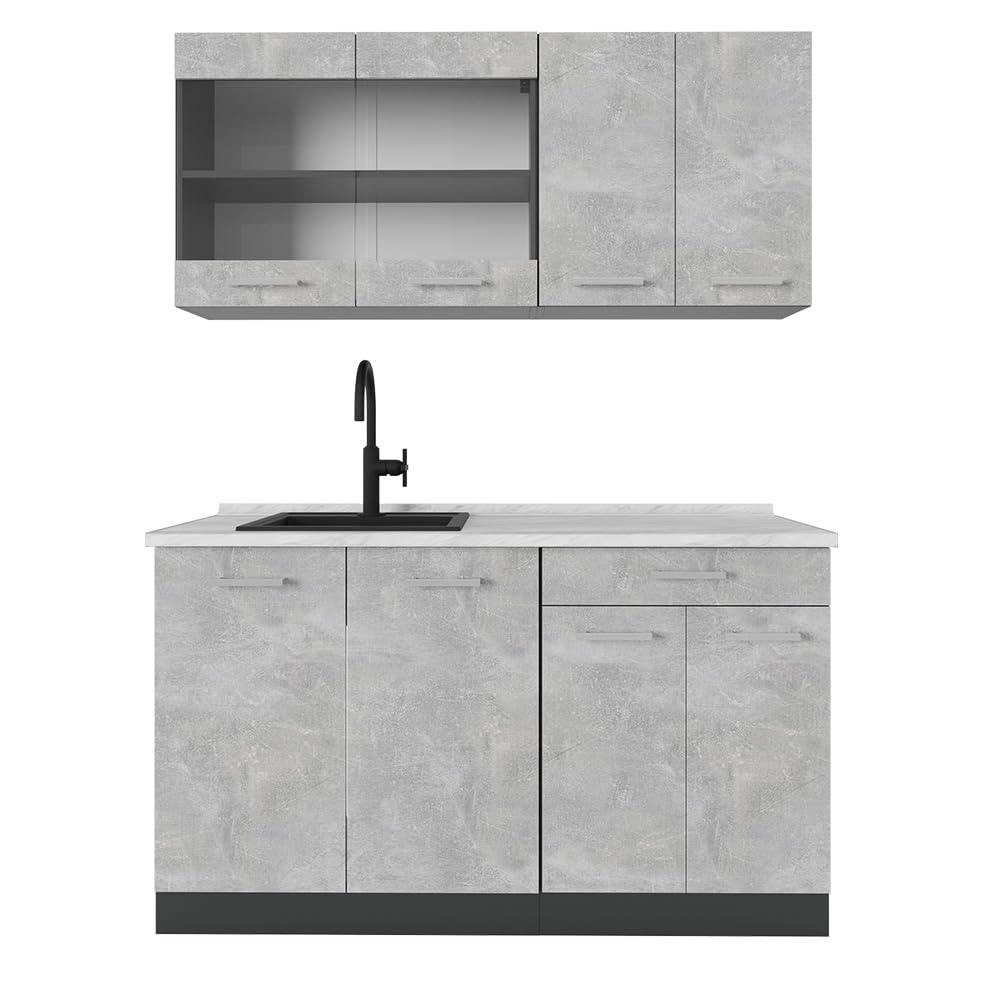 Vicco Single Kitchen R-Line, White High Gloss / Anthracite, 140 cm without Worktop