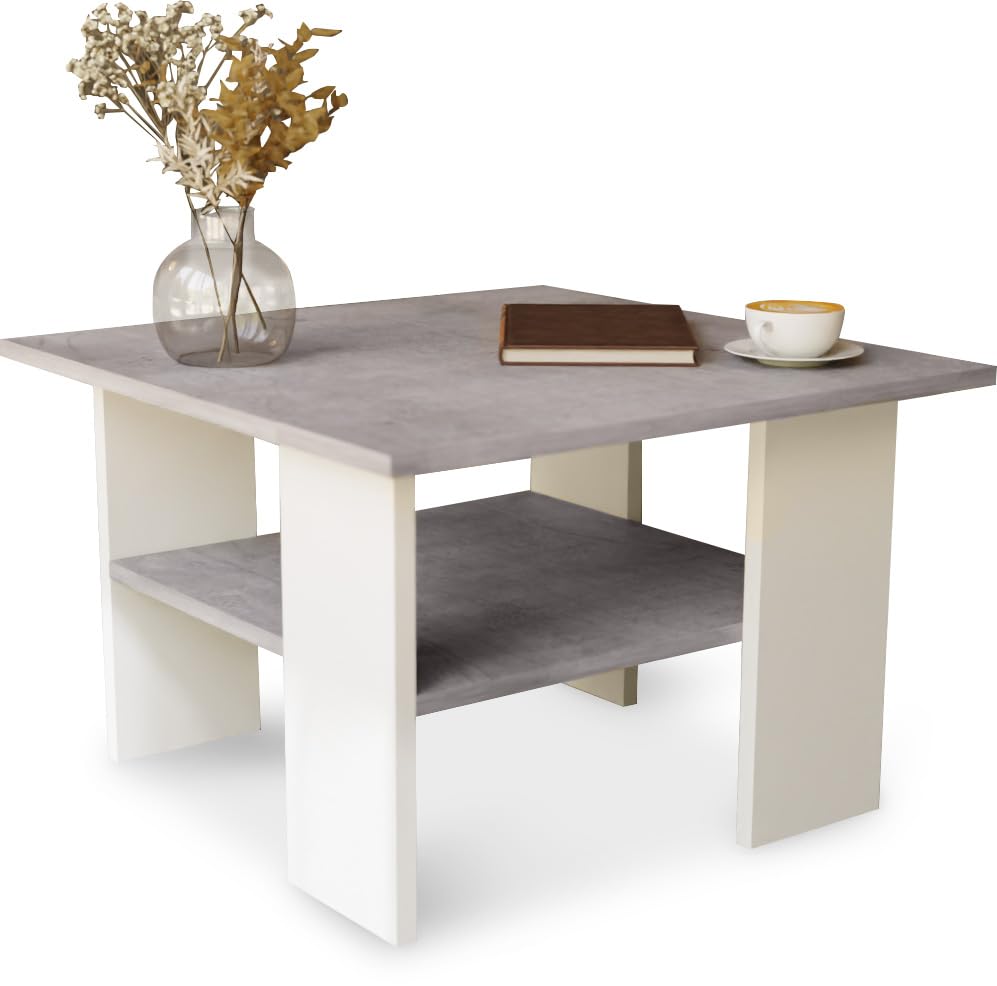 Artisan Coffee Table, Retro Loft Bench, Open Double Shelf, Skate Legs, Ideal for Coffee Get-Togethers, Laminated Top, Large Surface, Guaranteed Stability, White 3