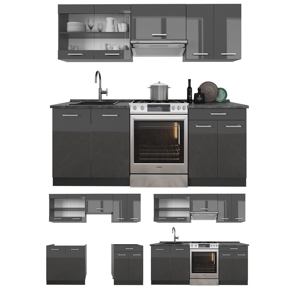 Vicco R-Line Kitchen Unit, White High-Gloss / Anthracite, 200 cm without Worktop