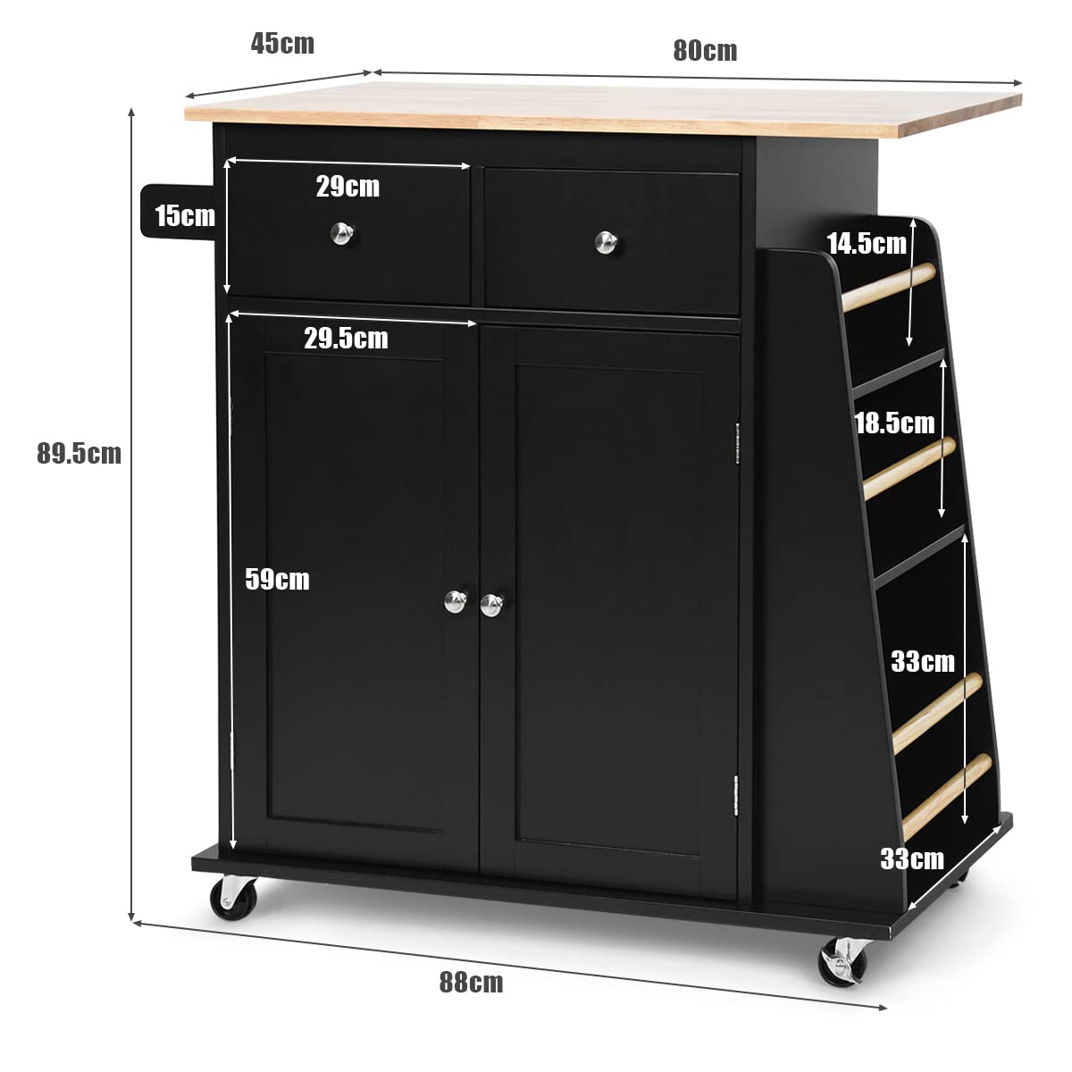 GOPLUS Kitchen Island with Wheels, Serving Trolley with 2 Drawers, 3-Tier Spice Rack, Towel Holder Cabinet, Rubber Wood Worktop & Lockable Wheels for Dining Room, Kitchens (Black)