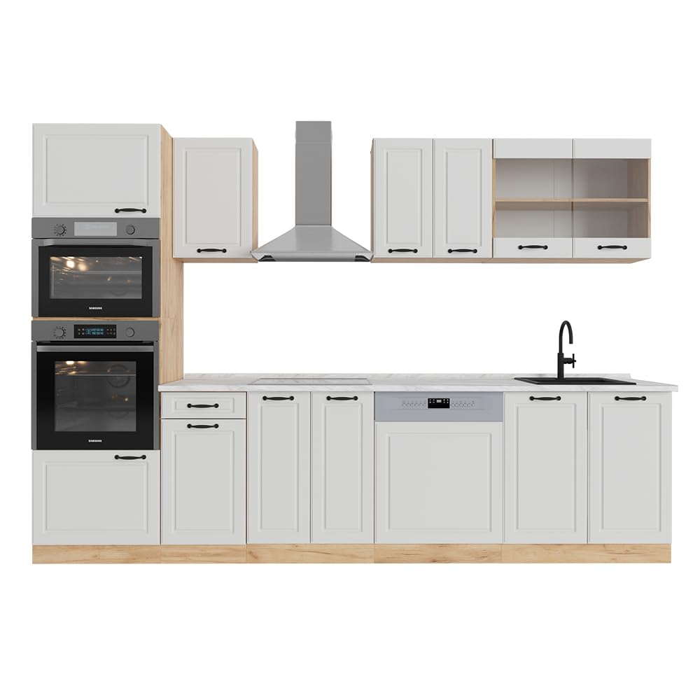 Vicco R-Line Kitchen Unit, High-Gloss Anthracite/Goldkraft Oak, 300 cm with Tall Cabinet, without Worktop