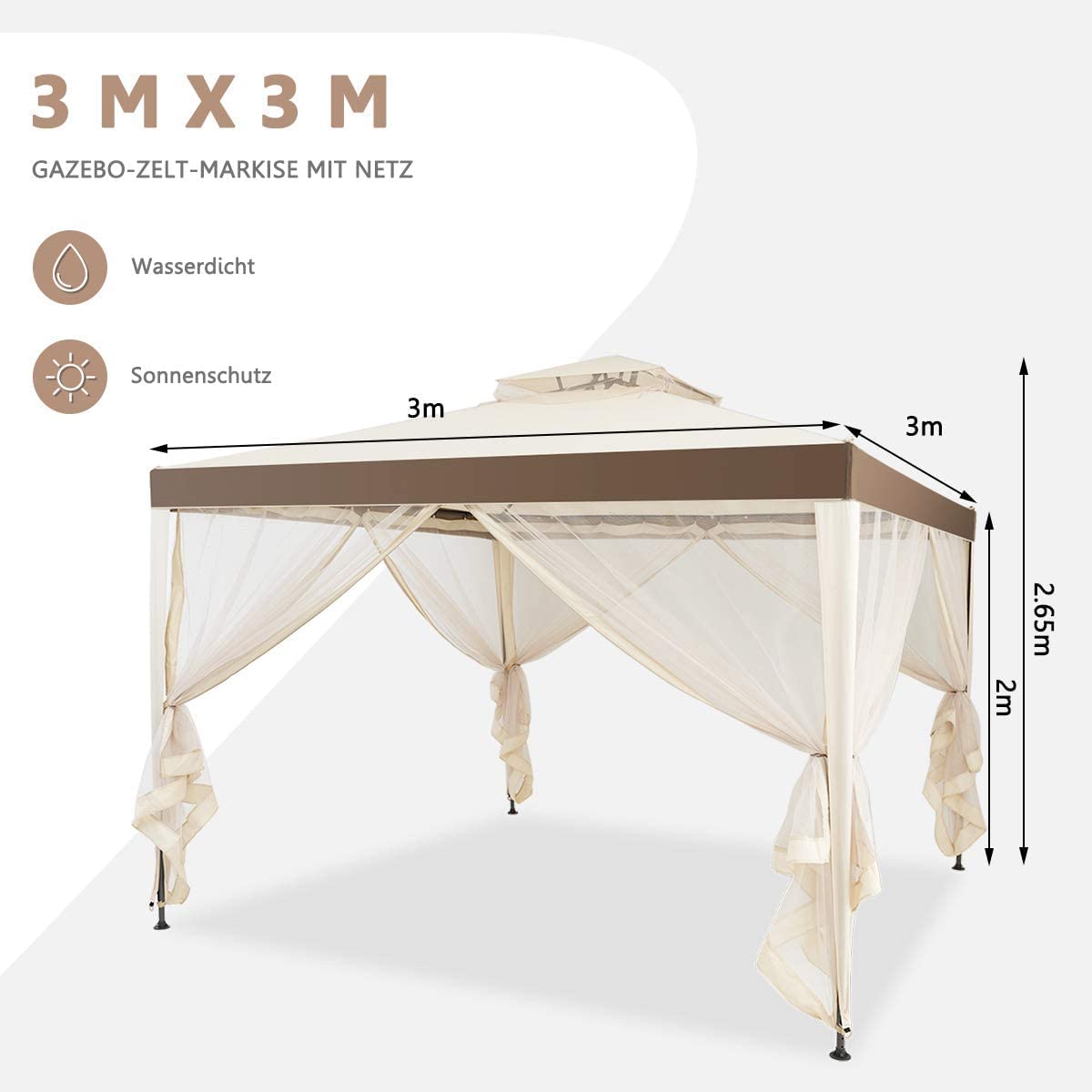 RELAX4LIFE 3 x 3 m Gazebo, Garden Gazebo with Iron Frame & Mosquito Net, Garden Tent with 4 Side Walls & Double Roof, Waterproof & Sunproof Party Tent for Party Camping (Brown)