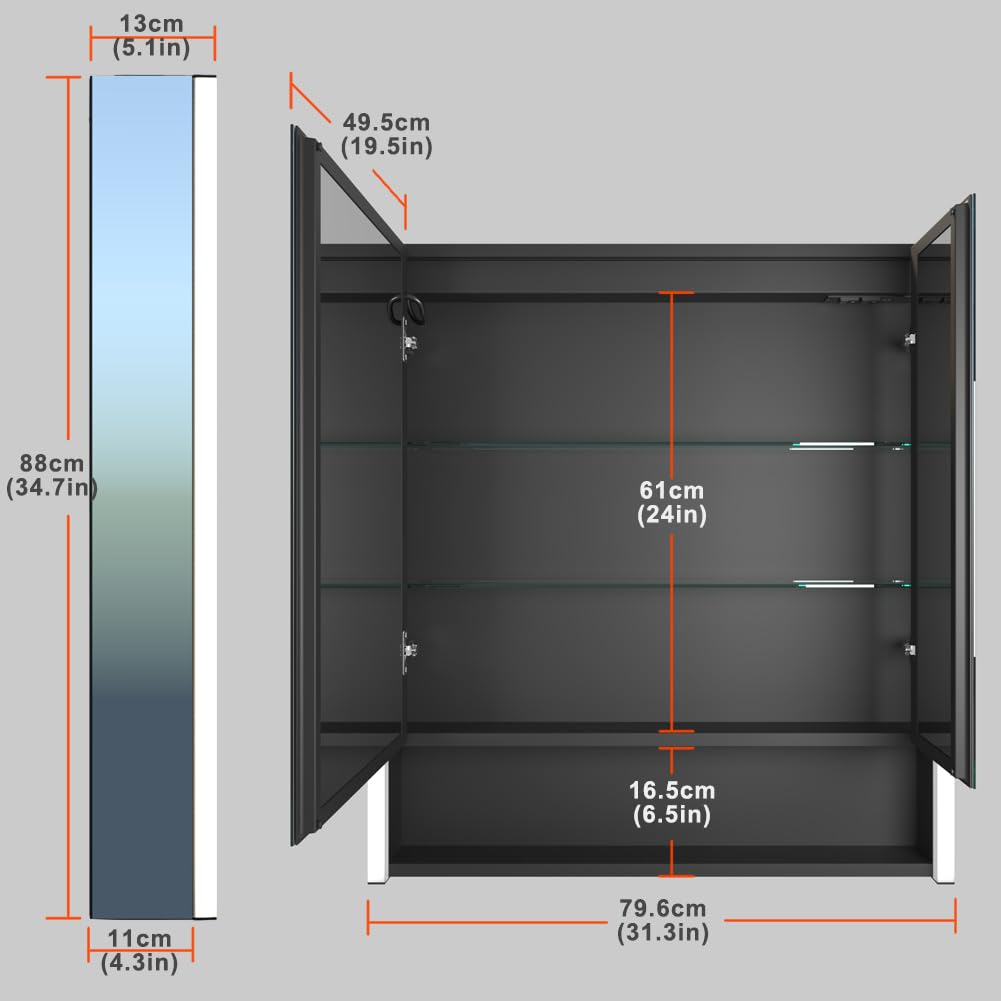 KWW LED Beleuchtetes Badezimmer Medizin Kabinett mit Spiegel, Farbtemperatur Einstellbar, Anti-Nebel Dimmbare Lichter, Steckdosen für USBs (75 x 70 cm)