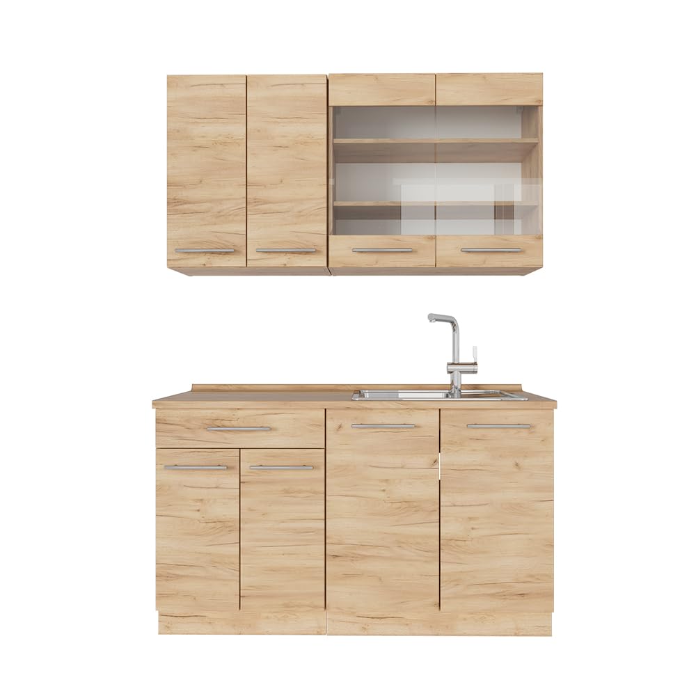 Vicco Kitchen Unit, Kitchen Block, Fitted Kitchen, Fame-Line, Single, Country House, 140 cm, Modern Kitchen Cabinets, Sink Cabinets, Drawers Cabinet Base, Wall Cupboard, Wall Glass Cabinet (Oak, Anthracite, Gold)