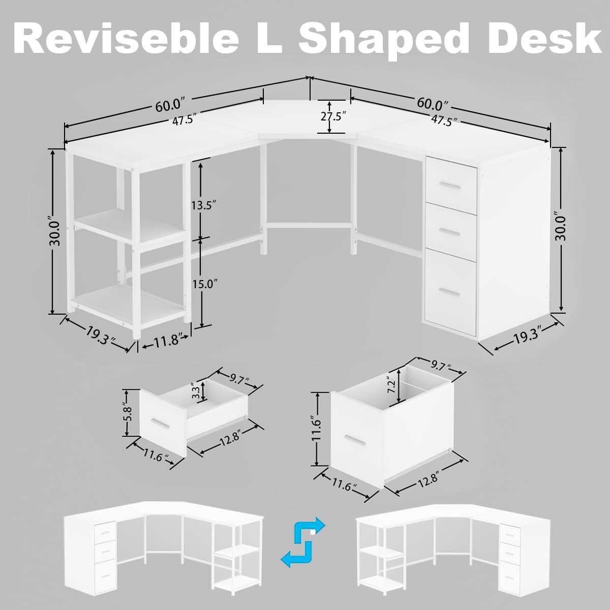LVB White L Shaped Corner Desk with Drawers, Reversible Modern L Shaped Computer Desk with Storage Cabinets, Large L Shaped Wooden L Shaped Desk Metal L Shape