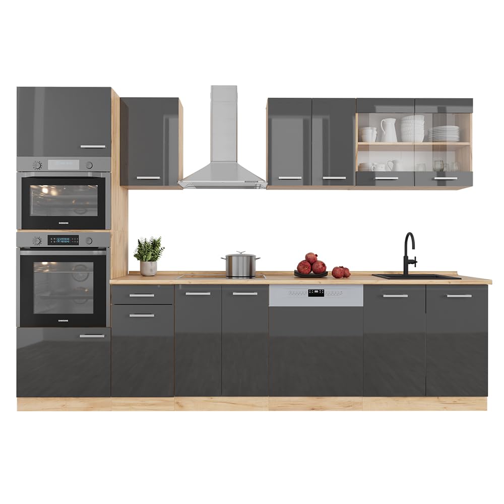 Vicco R-Line Kitchen Unit, High-Gloss Anthracite/Goldkraft Oak, 300 cm with Tall Cabinet, without Worktop