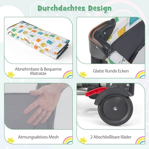 DREAMADE 5-in-1 Baby Travel Cot, 120 x 60 cm, Side Bed with Mattress & Changing Table, Music Box & Toy, Height-Adjustable Baby Bed for Baby from Birth (Dark Grey)