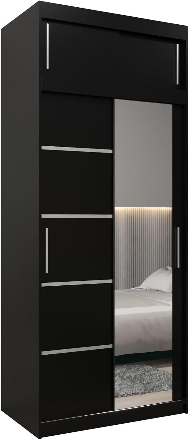 MEBLE KRYSPOL Verona 2, 250 cm Bedroom Wardrobe with Three Sliding Doors, Mirror, Clothes Rail and Shelves, 250 x 200 x 62 cm, Matt Black