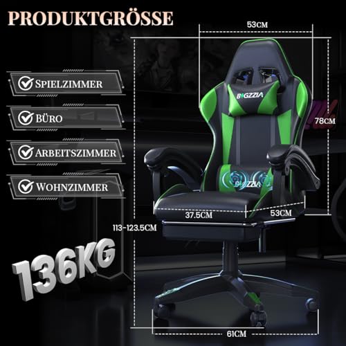 bigzzia Gaming Stuhl mit Massagefunktion und Fußstütze, Ergonomischer Gaming Chair Verstellbare Rückenlehne 90-135°, Gaming Sessel mit Massage-Lendenkissen und Kopfstütze, Gamer Stuhl, Schwarz