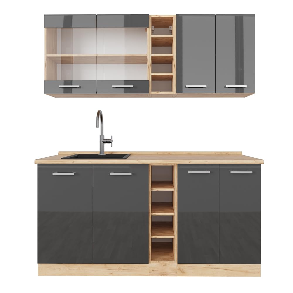 Vicco Single Kitchen R-Line Anthracite High Gloss / Goldkraft Oak 160 cm without Worktop