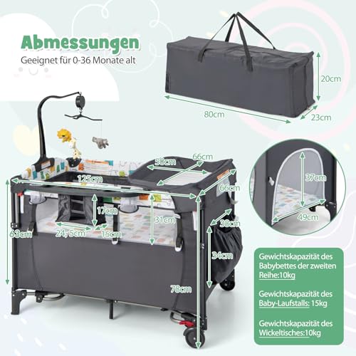 DREAMADE 5-in-1 Baby Travel Cot, 120 x 60 cm, Side Bed with Mattress & Changing Table, Music Box & Toy, Height-Adjustable Baby Bed for Baby from Birth (Dark Grey)