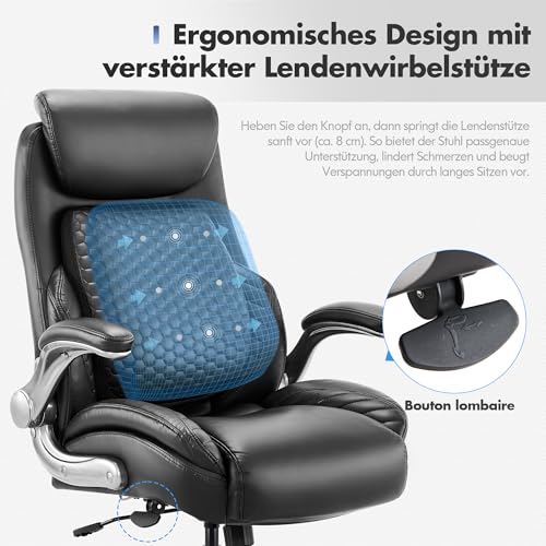 COLAMY Leather Executive Chair - Ergonomic, Extra Wide Seat with Pocket Spring Core, Maximum Load 136 kg, Breathable & Comfortable for Home Office (Black)
