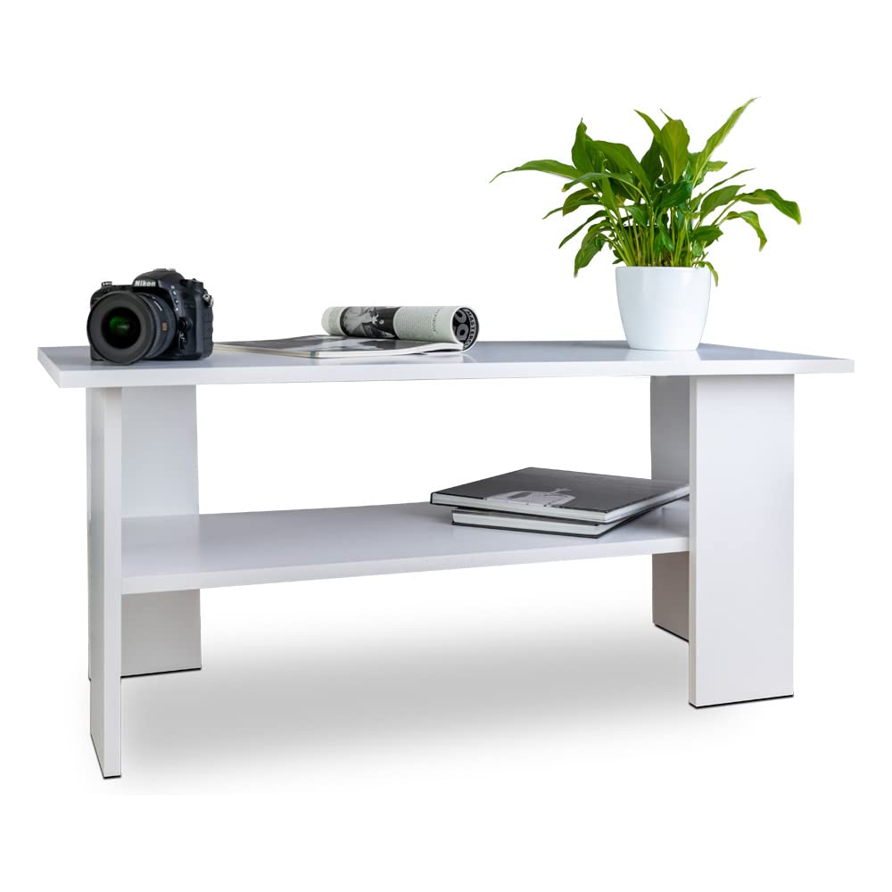 Artisan Coffee Table, Retro Loft Bench, Open Double Shelf, Skate Legs, Ideal for Coffee Get-Togethers, Laminated Top, Large Surface, Guaranteed Stability, White 3