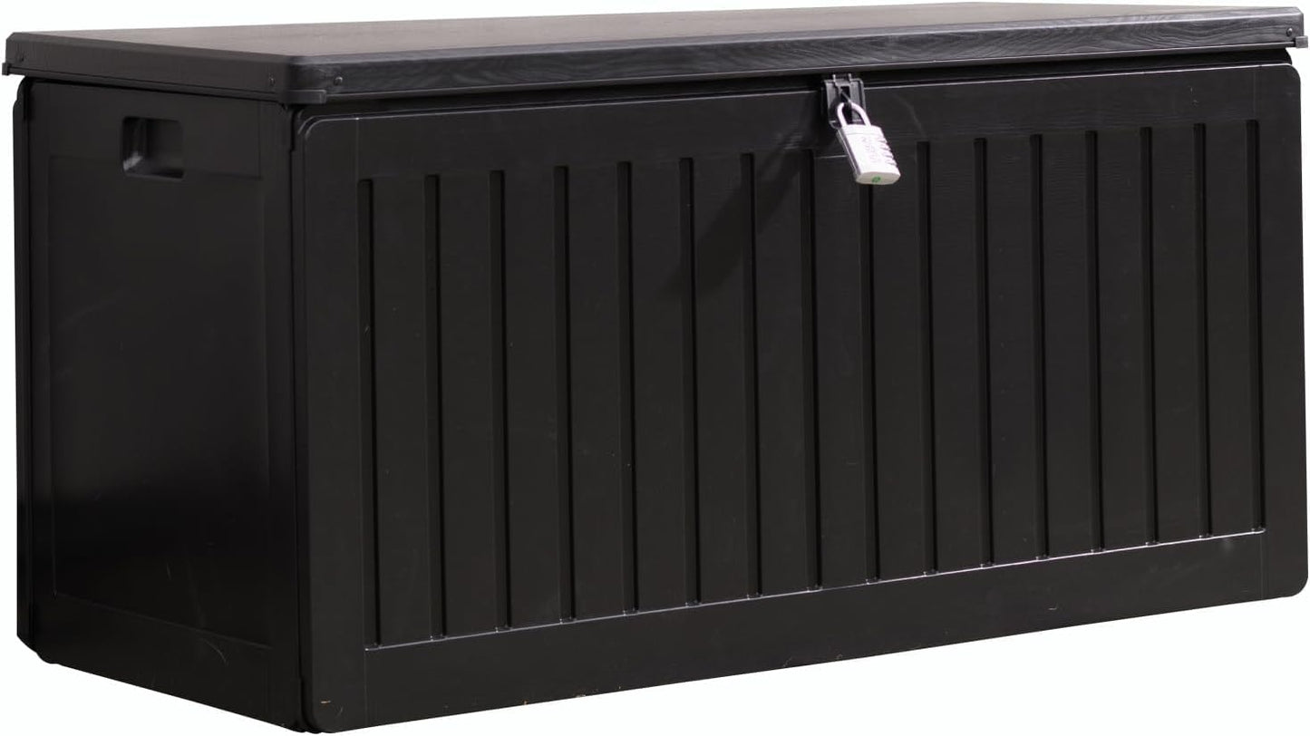 Olsen & Smith 270L Large Capacity Outdoor Garden Storage Box with Padlock Plastic Shed - Weatherproof and Stand Up with Wood Effect Chest (270L, Black)