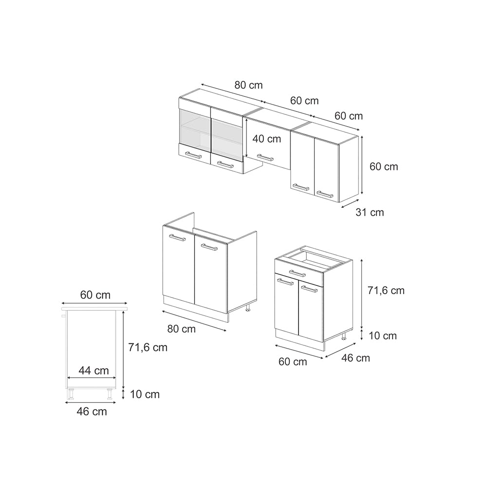 Vicco R-Line Kitchen Unit, White High-Gloss / Anthracite, 200 cm without Worktop