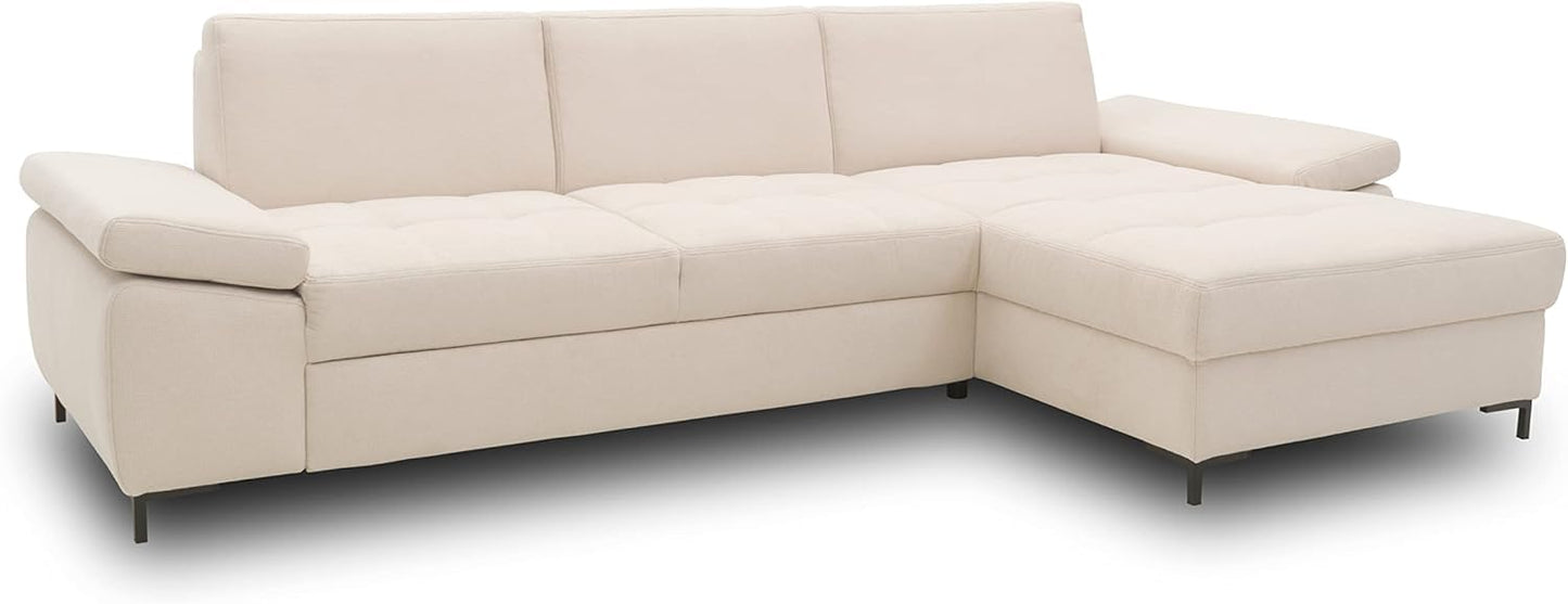 DOMO. collection Curacao Corner Sofa, Sofa Bed with Spring Core and Armrest Function in L-Shape, Couch with Sleep Function, Sofa, Upholstered Corner 297 x 160 x 84 cm (W x D x H), Cream