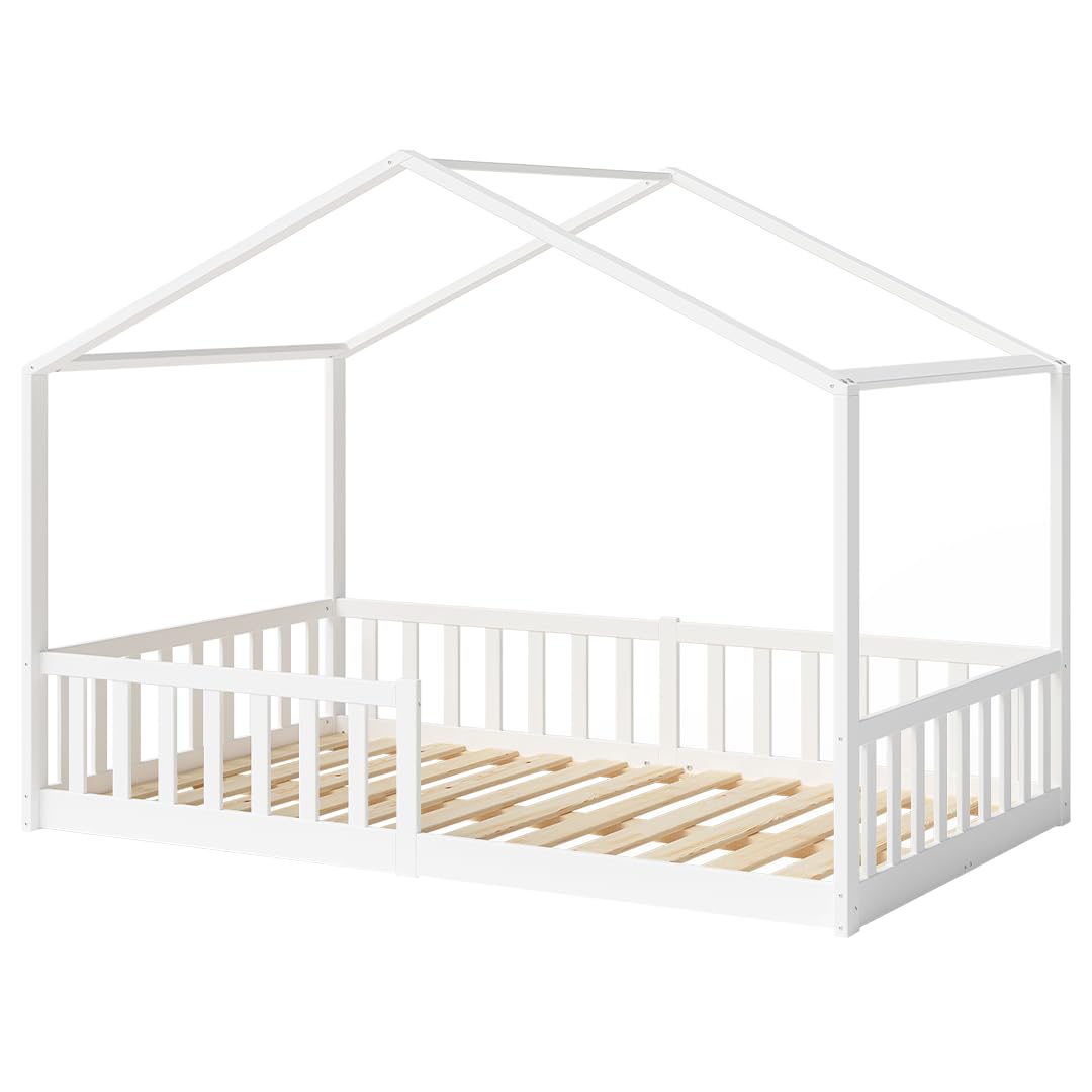 Bellabino Bia Children’s Bed, 90 x 200 cm, Children’s House Bed incl. Fall Protection and Rolled Slatted Frame, Montessori Floor Bed, White, Solid Pine Wood