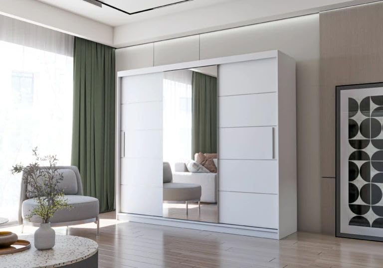 Fabryka Mebli Idźczak Kleiderschrank mit Spiegel, Schiebetüren - Weißer Schwebetürenschrank, Schlafzimmerschrank - ‎61 x 250 x 218 cm - Schrank für Schlafzimmer, Wohnzimmer, Garderobe