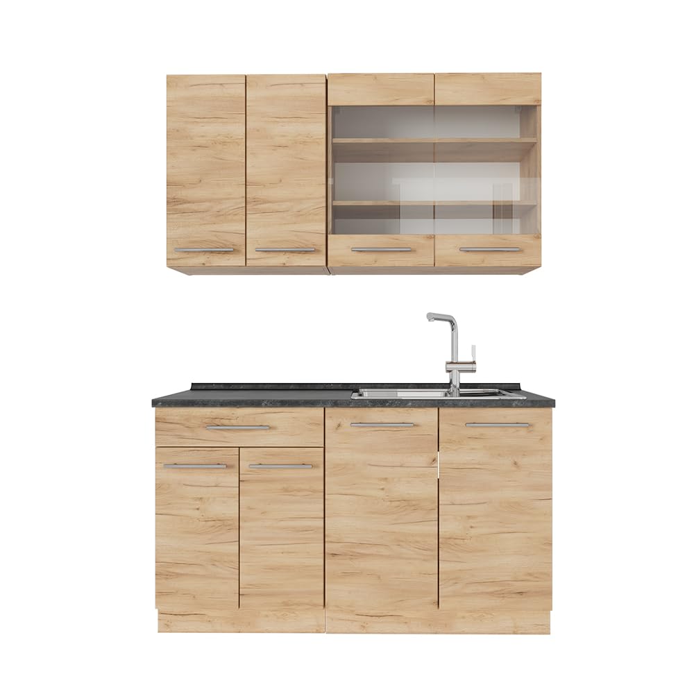 Vicco Kitchen Unit, Kitchen Block, Fitted Kitchen, Fame-Line, Single, Country House, 140 cm, Modern Kitchen Cabinets, Sink Cabinets, Drawers Cabinet Base, Wall Cupboard, Wall Glass Cabinet (Oak, Anthracite, Gold)