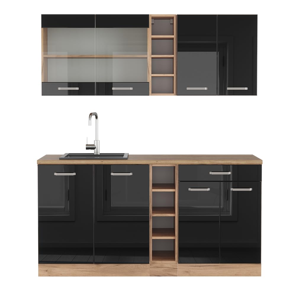Vicco Single Kitchen R-Line Anthracite High Gloss / Goldkraft Oak 160 cm without Worktop