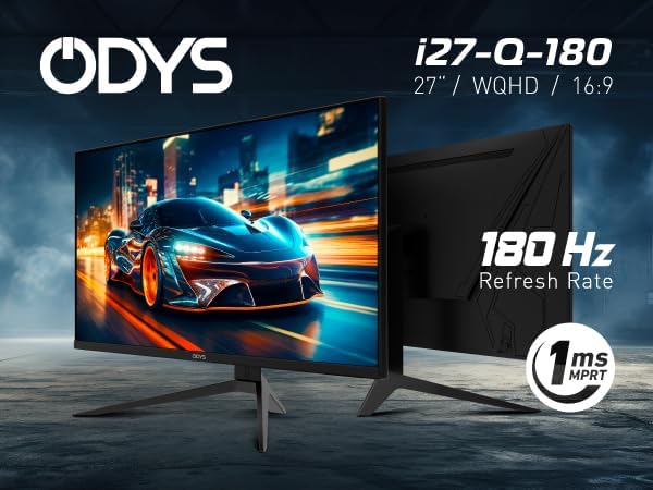 ODYS i27-Q-180-27 Inch Gaming Monitor (69 cm Screen, WQHD, 2,560 x 1,440 Pixels, 180 Hz, 1ms Response Time (MPRT), Fast IPS Panel, 120% sRGB, FreeSync, 2x HDMI, 2x Display Port)