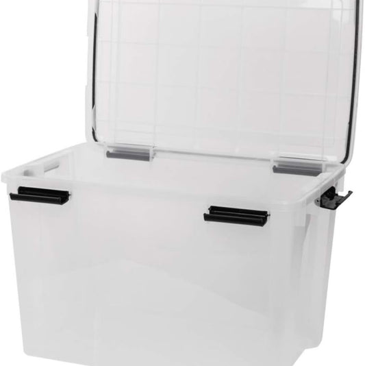 Kreher Pack of 4 XL Storage Boxes Made of Transparent Plastic with Sealing Ring in Lid for Moisture, Dust and Dirt Dimensions Approx. 39 x 59 x 38 cm 70 Litre Volume Top Quality