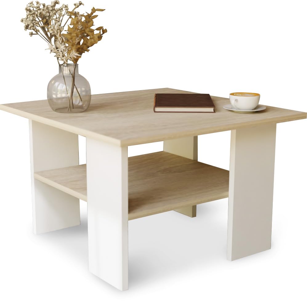 Artisan Coffee Table, Retro Loft Bench, Open Double Shelf, Skate Legs, Ideal for Coffee Get-Togethers, Laminated Top, Large Surface, Guaranteed Stability, White 3